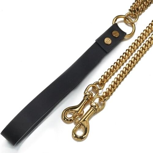 Anti-Bite Stainless Steel Gold Dog Leash Heavy and Double Chain Training Leash Leather Handle Pet Traction Rope