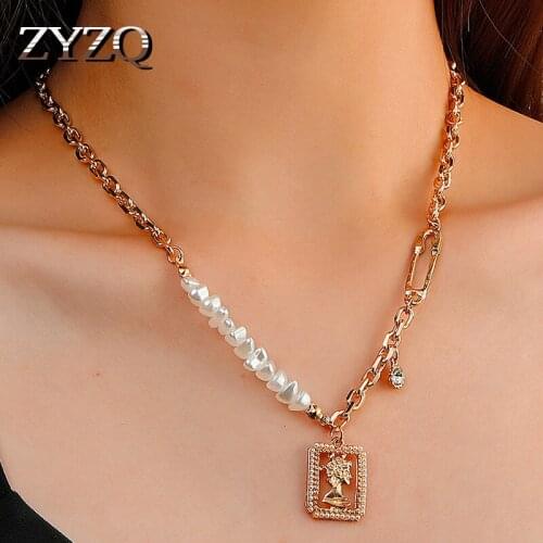 ZYZQ ins Punk Portrait Imitation Pearl Pendant Necklace For Women Fashion Temperament Stitching Clavicle Chain Jewelry