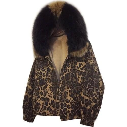 Velvet thick leopard jacket female winter big fur collar Korean locomotive lamb coat female Short cotton-padded jacket