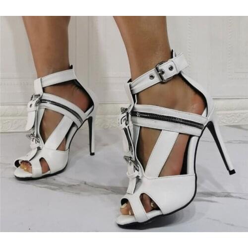 Dipsloot Sexy Woman White Leather Peep Toe Zipper Chains Buckle Sandals Stiletto Heels Party Cuts Out Club Sandals Shoes Size 47