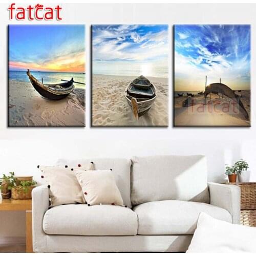 FATCAT Beach boat scenery diy 5d diamond painting full square round drill mosaic embroidery triptych kits Home decor AE2680