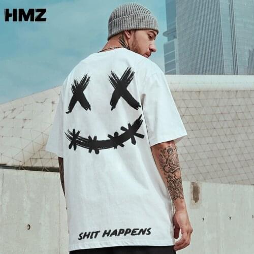 HMZ 2021 T Shirt Streetwear Men Oversize Hip Hop T-Shirt Smile Print Harajuku Tshirt Summer Short Sleeve Cotton Loose Tops Tees