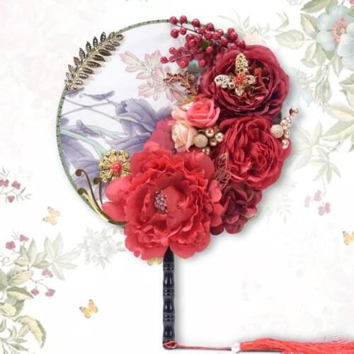 Classical Chinese Wedding Bride Handheld Fan Circular Flower Fan with Tassel Women Dancing Decoration Home Ornament