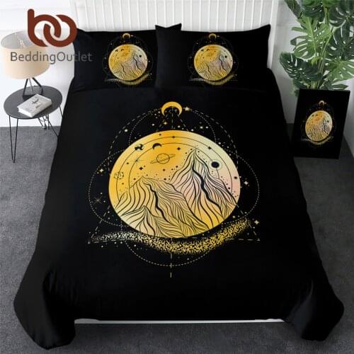 BeddingOutlet Mountain Bedding Set Astrology Duvet Cover Set Planet Star Comforter Cover Golden Moon Phase Universe Bed Set 3PCS