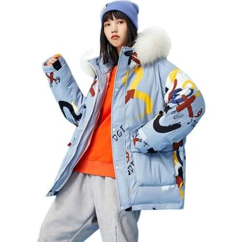 Short Trendy Brand Real Fur Collar Winter Down Jacket Women 2021 New Fashion Print Couple Wear Thick Hooded Warm Jacket Female