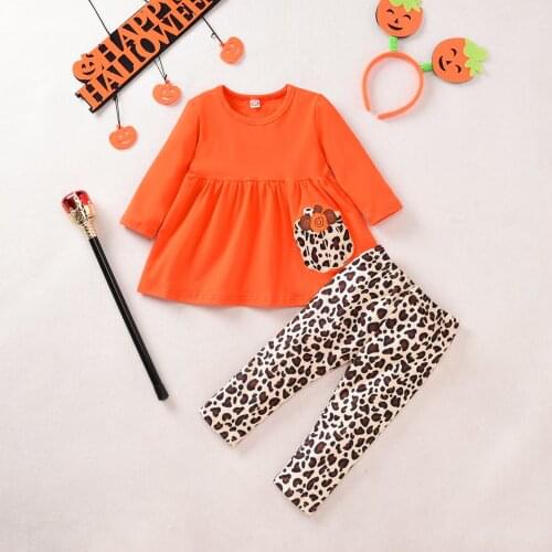 FOCUSNORM Halloween Baby Girls Clothes Sets 2pcs Pumpkin Long Sleeve Dress Tops Leopard Pants Outfits 0-4Y