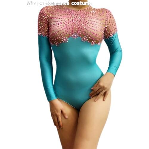 Pink beads cheerleading show performance costume ice ballet show skinny rhythmic gymnastics stage musical drama ds gogo dancer