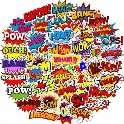 50 Pcs/pack DIY Words Stickers OOPS BANG BOOM WOW POW Graffiti Stickers For Laptop Skateboard Guitar Fridge Waterproof Decals