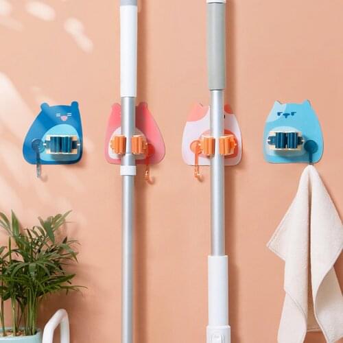 A189 Cartoon Bubble Bear Adhesive Wall Mount Mop Holder Brush Broom Hanger Bathroom Suction Hanging Pipe Hook Home Storage Rack