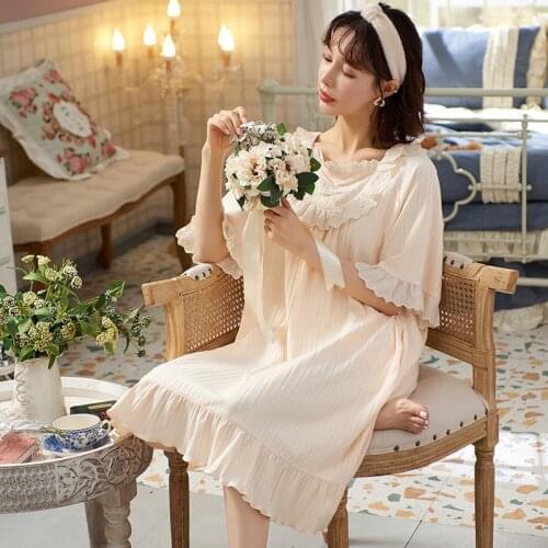 2021 new female lovely and sweet summer night skirt ribbon and lace princess wind short-sleeved dress pajamas female