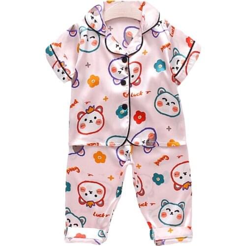 Baby Pajama Sets Unisex Short Sleeve Pants 2Pcs Homewear Children Satin Silk Nightwear Boys Girls Single-Breasted Sleepwear Suit