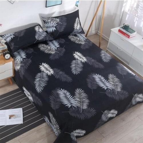 Premium Quality 3pcs Bedding Top Sheet (1pc Flat Sheet + 2pcs Pillowcase) Black Leaf Pattern Home Textile Comfortable Soft Linen