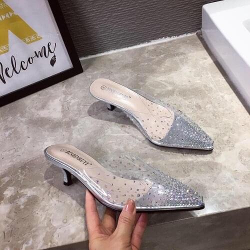 Gypsophila transparent summer slippers shallow kitten heels ol dress shoes woman pointy toe casual slides shine crystal footwear