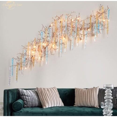 Luxury LED Wall Lamp Modern Copper Colorful Glass Water Drop Tree Branch Lamp Home Decoration for Living Room Bedroom Villa