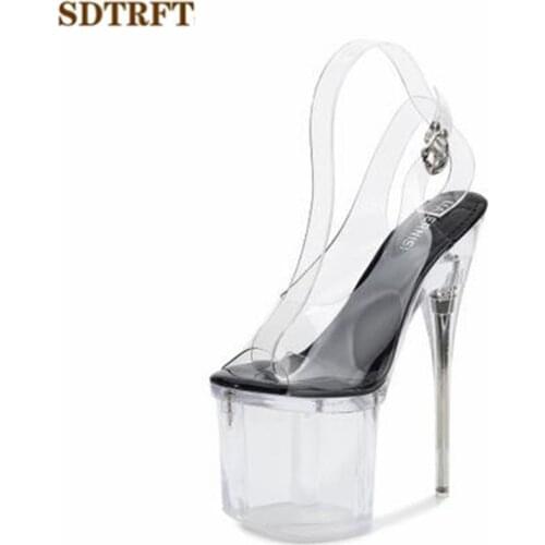 SDTRFT Fashion Crossdresser Buckle Sandals 20cm thin heels shoes woman transparent platform Party Dance Slippers Open Toe pumps