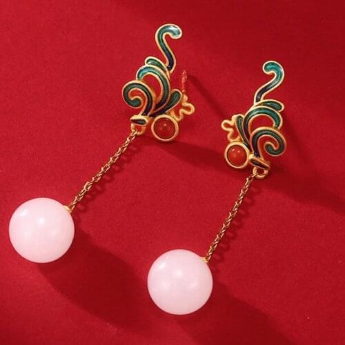 Vintage Enamel Hetian Drop Earrings Chinese Court Style Delicate Matte Gold Jewelry For Women Wedding Engagement Birthday Gift