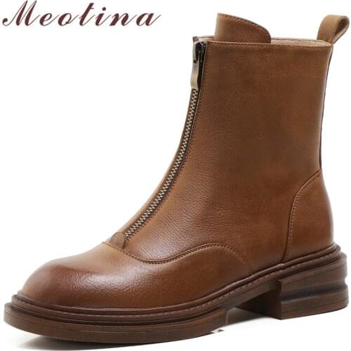 Meotina Women Shoes Genuine Leather Ankle Boots Thick Med Heel Boots Round Toe Zipper Ladies Footwear 2021 Autumn Winter 34-40