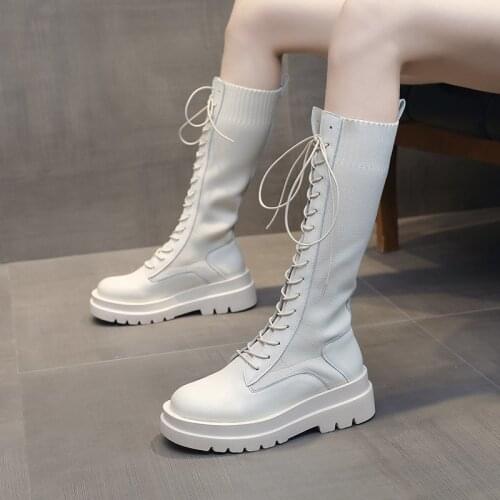 Women Sock Boots Autumn Lace up Mid Calf Boots Female High Platform Sock Shoes Fashion Beige Stockings Boots Mid-calf