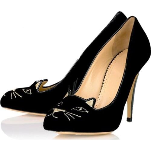 Womens Pointy Toe Suede Leather Embroidery Cat Stilettos High Heel Pumps Shoes Sexy Party Nightclub 4Colors Plus Size
