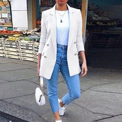 Women Blazer Autumn Jackets Casual Elegant Notched Collar Double Breasted Office Ladies Outwear Coat Pockets Female Suits Coat