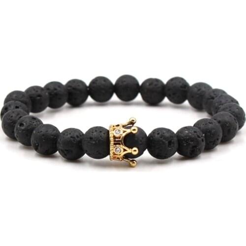 8mm xg35r elastic adjusted nature black stone volcanic lava micro pave cz zircon cubic zirconia Crown Charm Bracelet