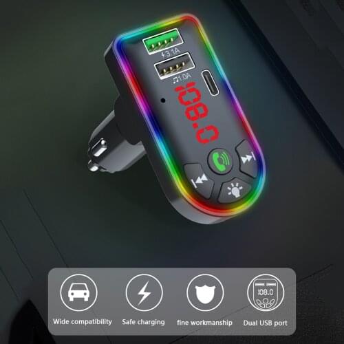 F7 Car Bluetooth 5.0 FM Transmitter PD+4.1A USB Charger with Colorful Backlight Bluetooth FM Transmitter Car Player Kit