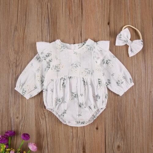 Infant Newborn Kid Baby Girls Floral Print Bodysuits Long Sleeve O-neck Jumpsuit Ruffle Bowknot Headband Baby Rompers
