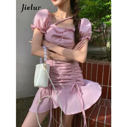 Jielur A-line Puff Sleeve Shirring Dress for Women Summer Solid Color Short Sleeve Dress Female Black Pink Mini Dresses OL S-L