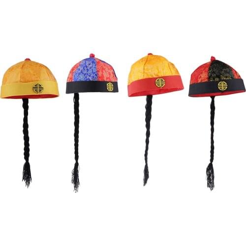 Prettyia Adults Chinese Oriental Hat Silk Funny Party Costume Cap w/ Pigtail