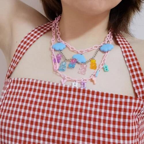 3Pcs Cute Multi Color Letter Bear Pendant Necklace for Women K-Pop Cloud Handmade Chain Animal Young Girls Neck Jewelry