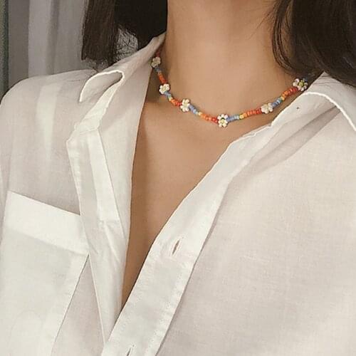 Korea Handmade Beaded Daisy Necklace Personality Creative Short Choker Charm Female Girl Color Rice Bead Vacation Jewelry