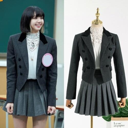 Kpop Korean Celebrity College Style Long Sleeved Short Small Suit Blazers Slim Shirt+Gray High Waist Pleated Skirt Women Outfits