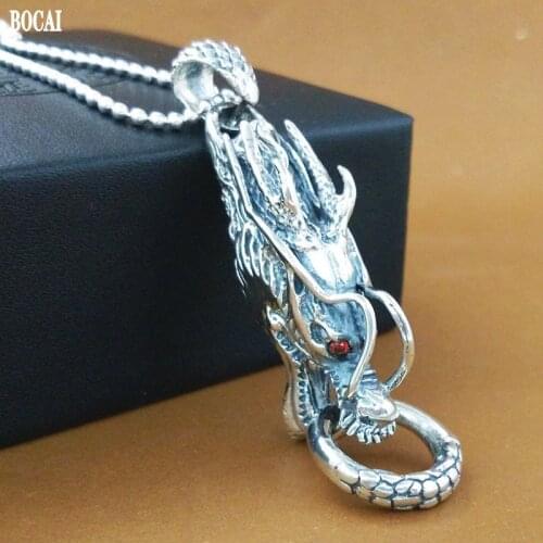 BOCAI New 100% S925 Silver Inlaid Red Corundum Dragon Head Pendant for Man Good Luck Mighty Personality Rock Trend Mens Pendant