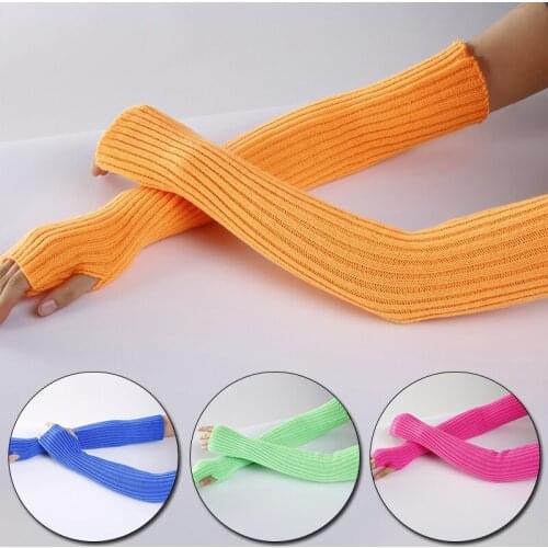 Autumn Winter Women Warm Gloves Striped Knitted Woolen Arm Sleeve Solid Color Fingerless Fashion Soft Casual Female Gloves 2021