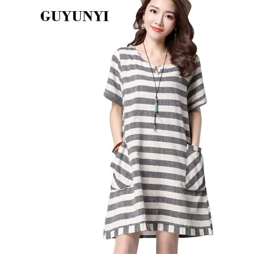 Stripe Casual Dress 2020 Summer Simple Cotton Linen Dress Short Sleeve O-Neck Car Pocket Loose Vintage Dress Women