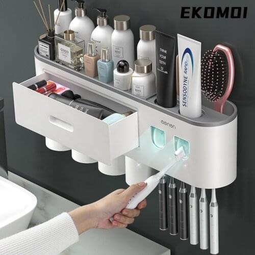 Adsorption Inverted Toothbrush Holder Magnetic Double Automatic Toothpaste Squeezer Dispenser Storage Rack Bathroom Accessories