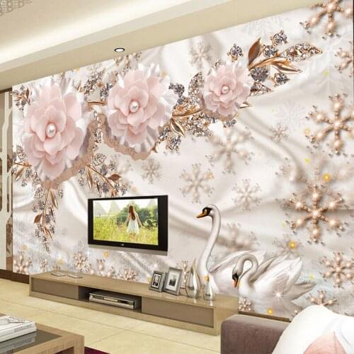 Custom Any Size Murals Wallpaper European Style 3D Stereo Swan Jewelry Flower TV Background Wall Cloth Luxury Photo Wall Papers