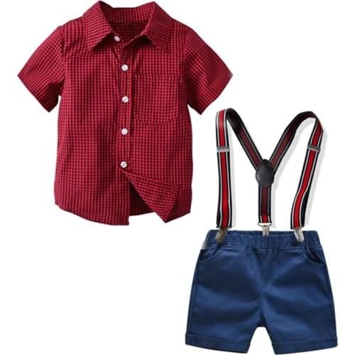 2-7 Years Baby Boy Clothes Red Plaid Shirt + Nary Shorts with Suspender Belt Suits Children Casual Gentleman Wedding Boys Suits
