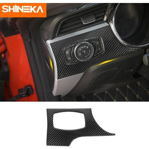 SHINEKA Carbon Fiber Car Headlight Switch Trim Frame Button Panel Trim Protective Stickers For Ford Mustang 2015+ Accessories