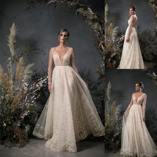 Wedding Dresses 2020 V Neck Long Sleeves Lace Appliques Bridal Gowns Backless Sweep Train A Line Wedding Dress Robes De Mariée
