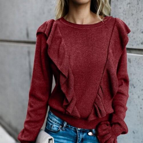Merry Pretty Casual Long Sleeved O-Neck Sweaters Ruched Flare Sleeve Pullovers Ruffles Female Elegant Solid Sweater Top