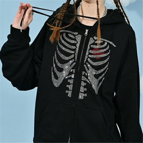 Vintage Jacket Gothic Grunge Fairy Core Aesthetic Skull Printed Sweatshirt Zipper Up Long Sleeve Hoodies Autumn Coat Tops Y2K