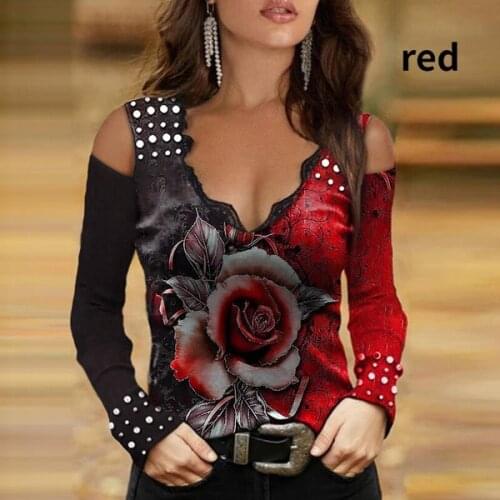 Women Off Shoulder Strap Blouse 2021 Spring Hollow Out Long Sleeve Shirts Retro V Neck Pattern Printed Tops Pullover Mujer