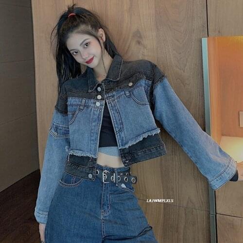 Spring Harajuku Punk Splicing short denim Jacket Women Korean Denim Overcoat Ladies Fashion Turn Down Collar Jean Coats Autumn