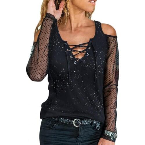 Casual V-neck Lace Long Sleeve T-shirt for Women Sexy Off Shoulder Stitching Mesh Lace Long Sleeves Black Shirt Spring Summer