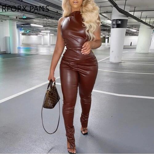Women Clothes PU Leather Plain Sleeveless Skinny Jumpsuit Casual Look for Women 2021