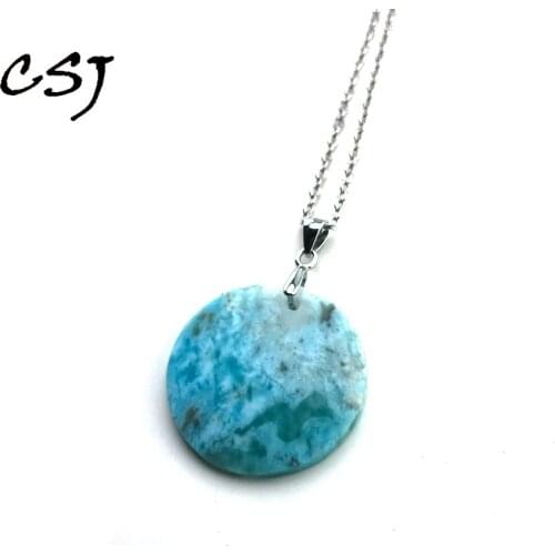 CSJ Real Natural Larimar Pendants Sterling 925 Silver Gemstone 24mm for Women Necklace Wedding Engagement Gift Fine Jewelry