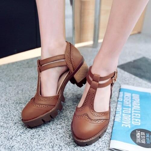 US4-11 Womens Carved T-straps Oxfords Block High Heel Brogue Block High Heel Shoes Retro Plus Size 4Colors New 2021