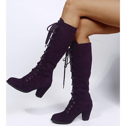Winter Autumn Woman Knee High Boots Woman Long Boots Lace Up Fashion Sweet Woman Boots Daily Footwear 34-43 Purple Square Heel