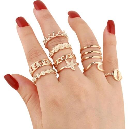 11 Pcs Female Fashion Bohemian Gold Rings Drop Shiny Different Shapes Crystal Stone Geometry Women Jewelry Anillos Mujer 2021